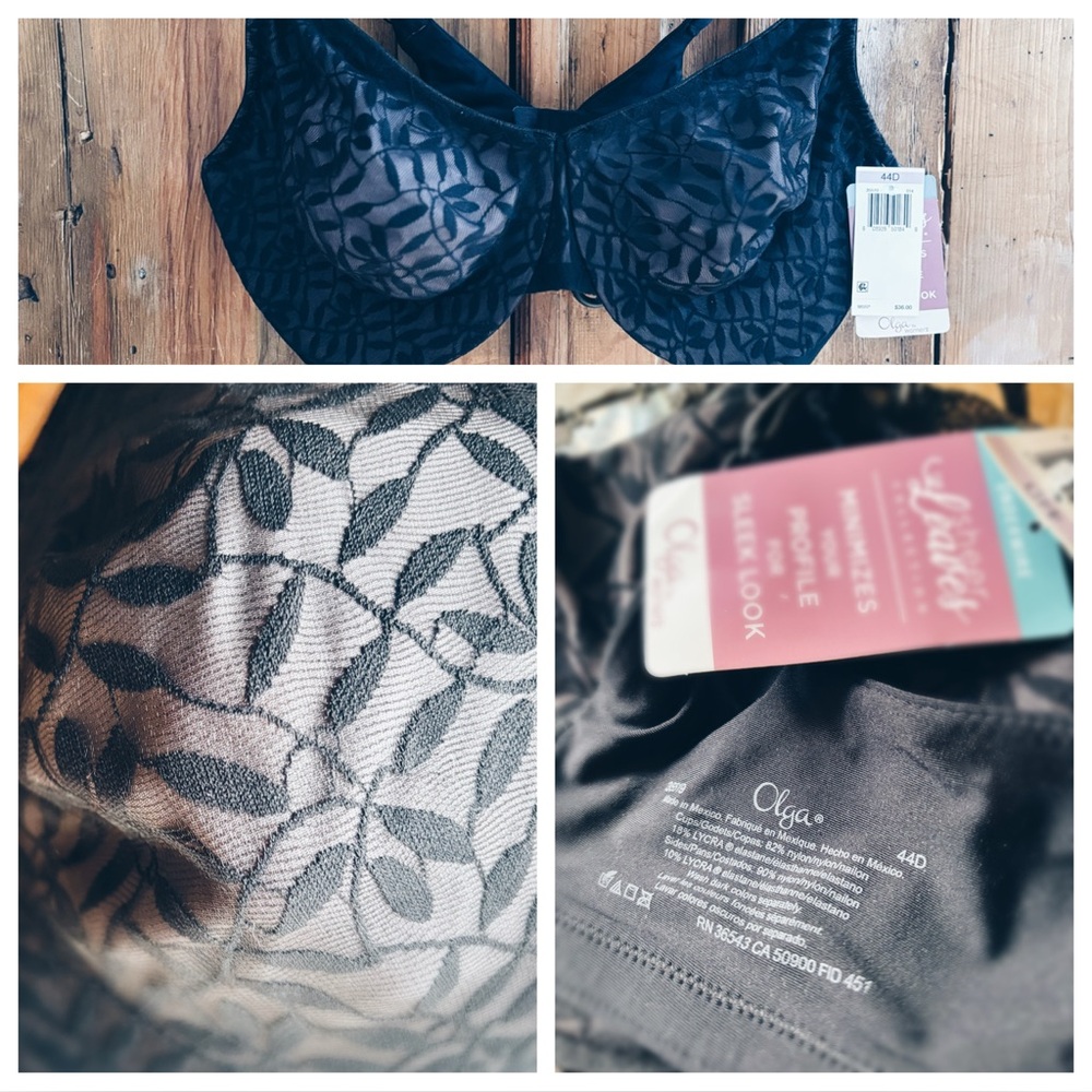 Olga Sheer Leaves Full Figure Underwire Bra Black 44D NWT - Picture 10 of 10